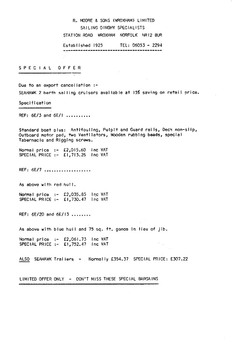 The 1986 SeaHawk Price List