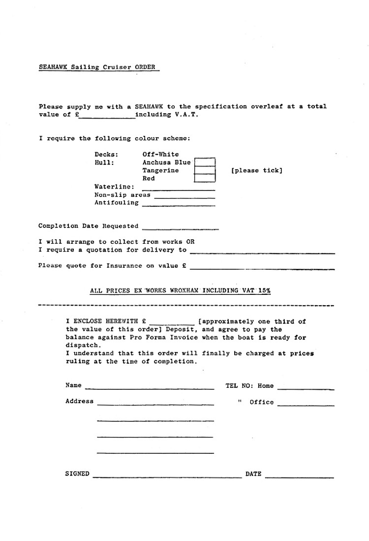 The 1986 SeaHawk Order Form